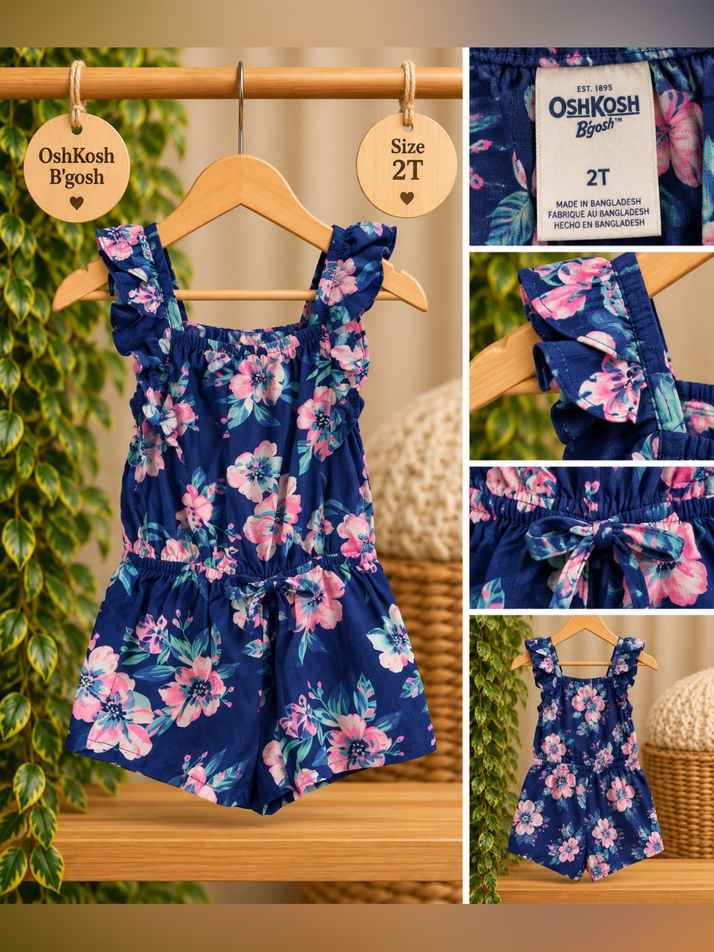 OshKosh B’gosh Girls Navy Floral Romper Size 2T 🌺
